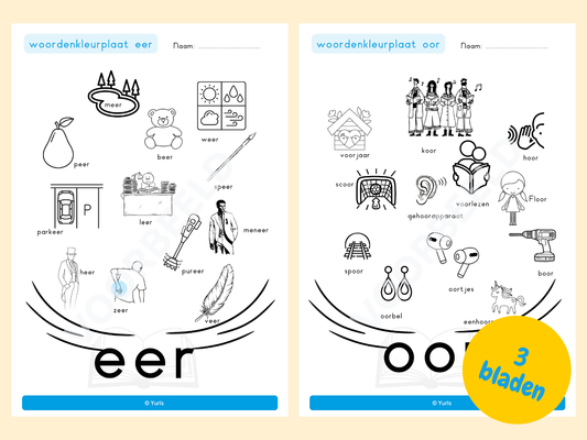 Woordenkleurplaten eer, oor en eur – woordenkleurplaten voor groep 3