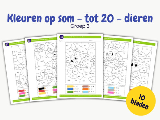 Kleuren op som tot 20 - dieren – werkbladen voor groep 3