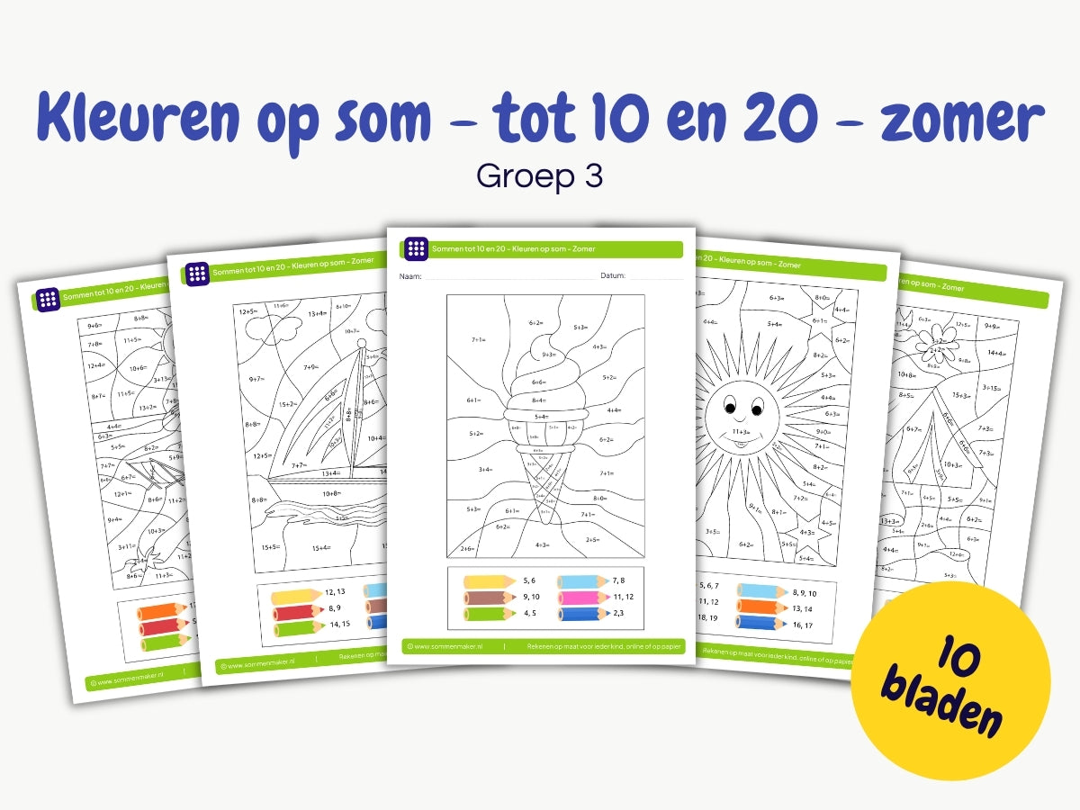 Kleuren op som tot 10 en 20 - zomer – werkbladen voor groep 3