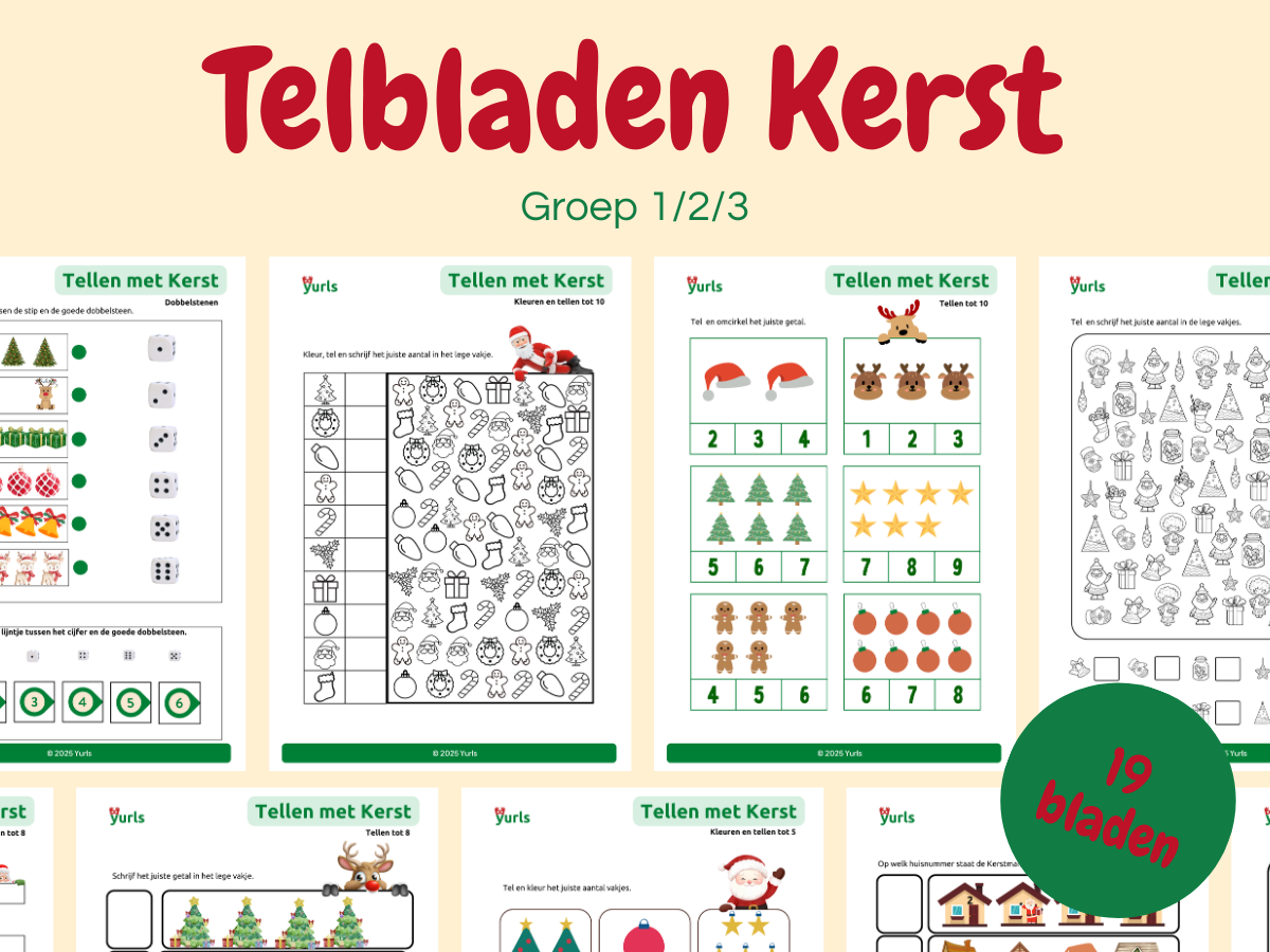 Telbladen Kerst – werkbladen voor groep 1/2/3