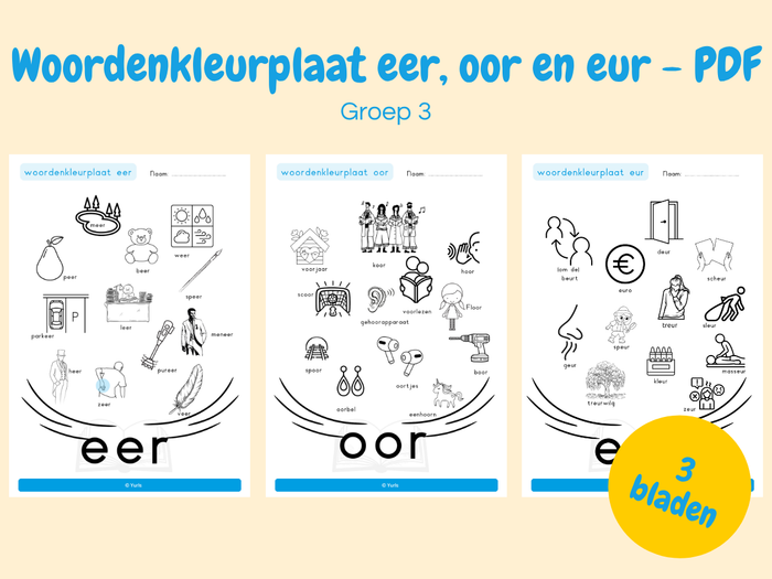 Woordenkleurplaten eer, oor en eur – woordenkleurplaten voor groep 3