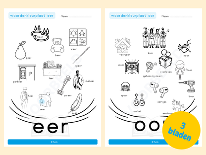 Woordenkleurplaten eer, oor en eur – woordenkleurplaten voor groep 3
