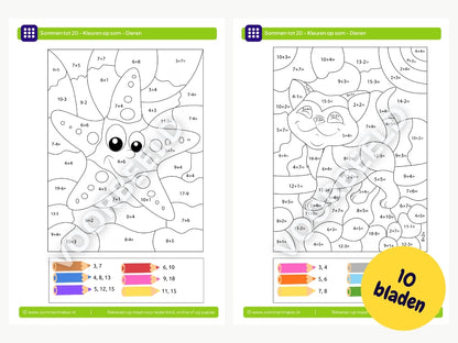 Kleuren op som tot 20 - dieren – werkbladen voor groep 3