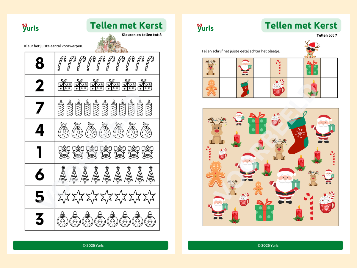 Telbladen Kerst – werkbladen voor groep 1/2/3