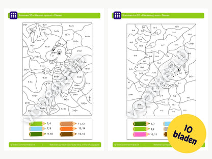 Kleuren op som tot 20 - dieren – werkbladen voor groep 3