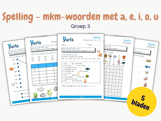 Spelling - mkm-woorden met a, e, i, o, u – werkbladen voor groep 3