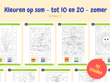 Kleuren op som tot 10 en 20 - zomer – werkbladen voor groep 3